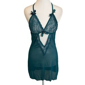 Teal Green‎ Lace Halter Babydoll Lingerie Mini Dress Bow Accents Sexy Nightie